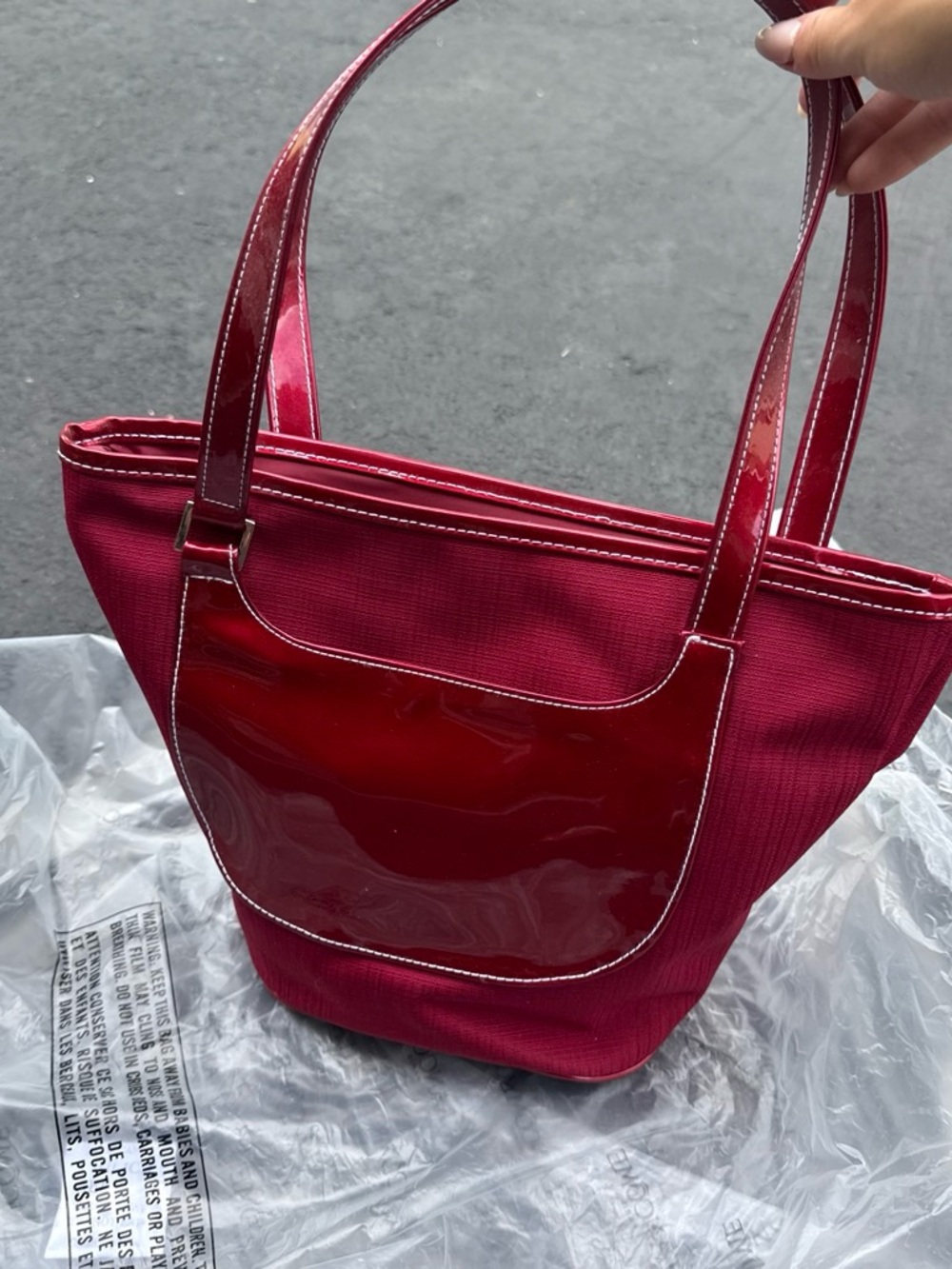 Lancome Red Patent-Trim Canvas Tote